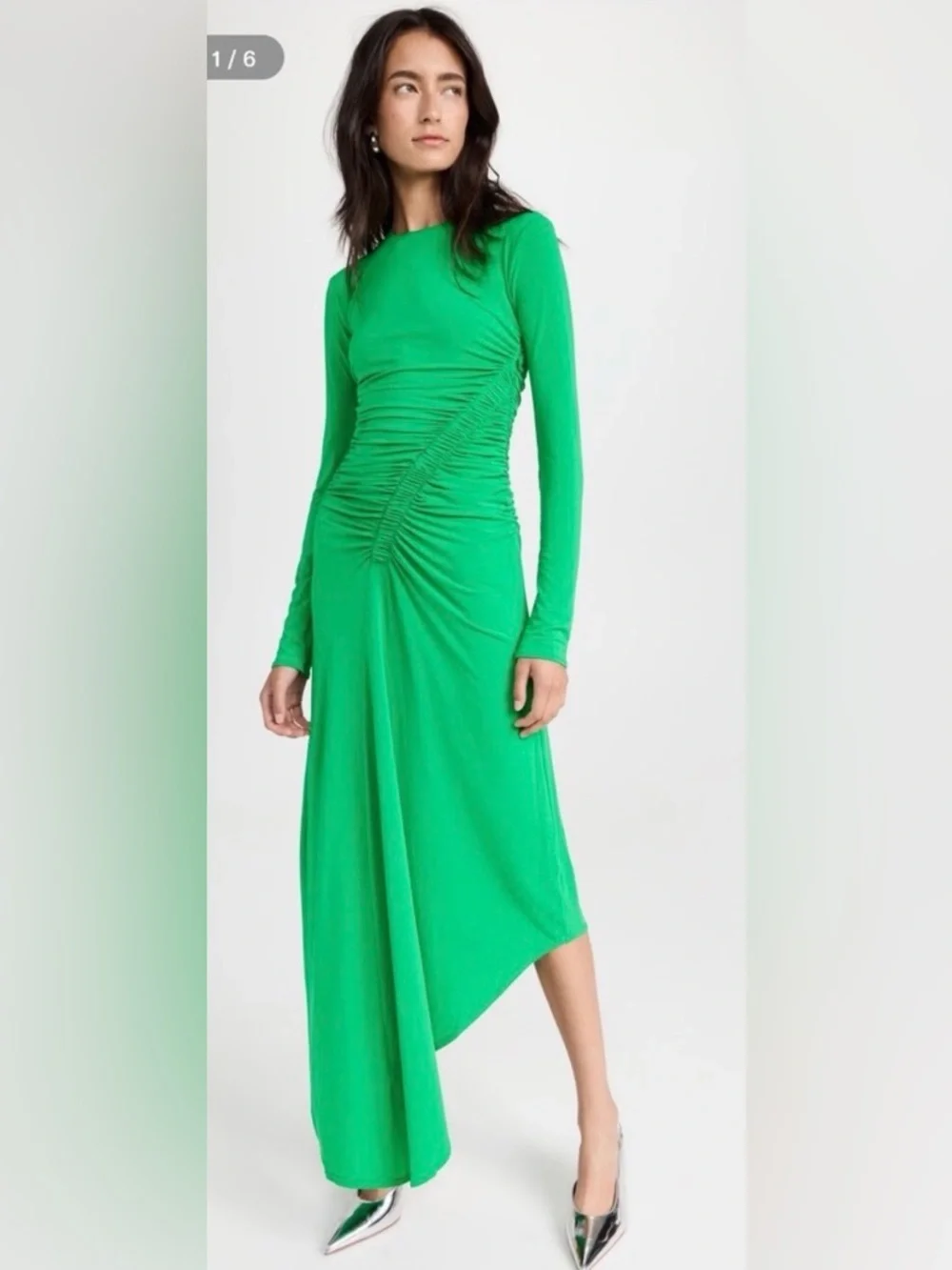 A.L.C. Emerald Green Long-Sleeve Ruched Midi Dress - Picture 1 of 12